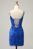 Sheath Spaghetti Straps Black Sequins Short Cocktail Dress with Criss Cross Back