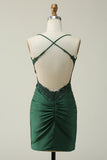 Sheath Spaghetti Straps Dark Green Short Ball Dress with Appliques