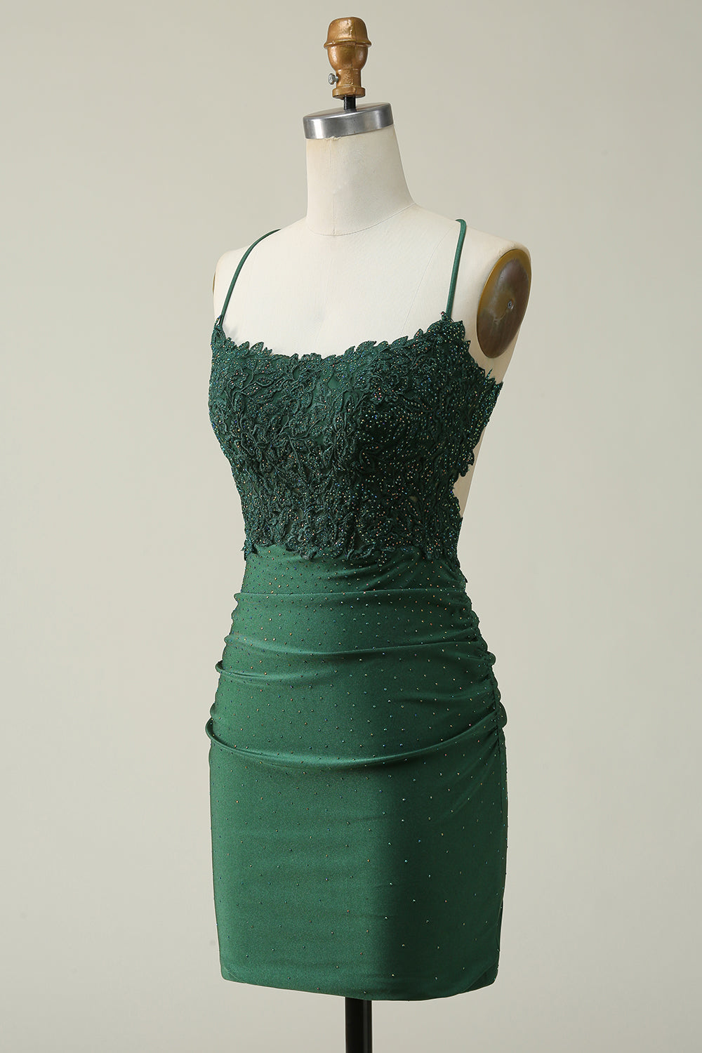 Sheath Spaghetti Straps Dark Green Short Ball Dress with Appliques