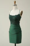 Sheath Spaghetti Straps Dark Green Short Ball Dress with Appliques