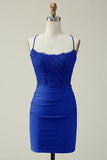 Sheath Spaghetti Straps Royal Blue Short Ball Dress with Appliques