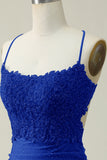 Sheath Spaghetti Straps Royal Blue Short Ball Dress with Appliques