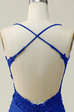 Sheath Spaghetti Straps Royal Blue Short Ball Dress with Appliques
