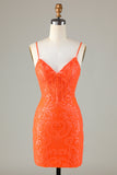 Sparkly Sequins Tight Orange Short Ball Dress