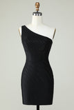Sheath One Shoulder Black Short Cocktail Dress with Beading