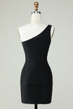 Sheath One Shoulder Dark Green Short Cocktail Dress with Beading