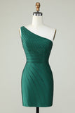 Sheath One Shoulder Dark Green Short Cocktail Dress with Beading