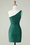 Sheath One Shoulder Dark Green Short Cocktail Dress with Beading