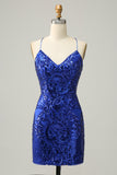 Sheath Spaghetti Straps Fuchsia Sequins Short Cocktail Dress