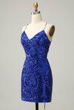 Sheath Spaghetti Straps Fuchsia Sequins Short Cocktail Dress