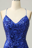 Sheath Spaghetti Straps Fuchsia Sequins Short Cocktail Dress
