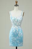 Sheath Spaghetti Straps Light Blue Short Cocktail Dress with Appliques