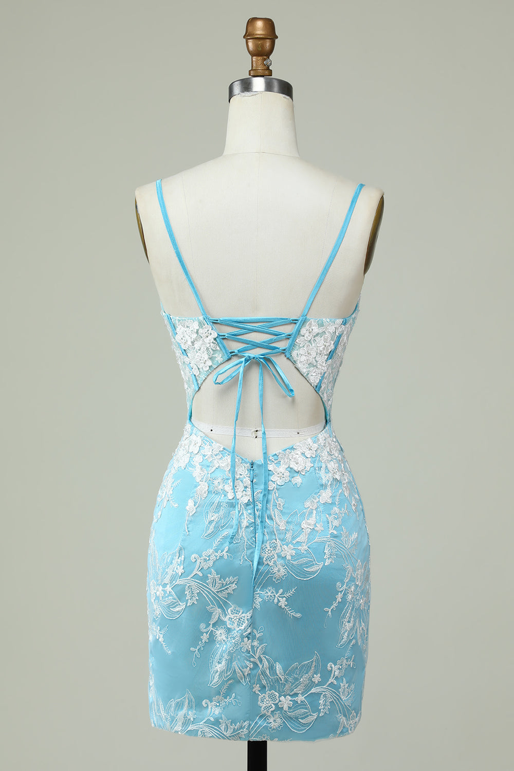 Sheath Spaghetti Straps Light Blue Short Cocktail Dress with Appliques