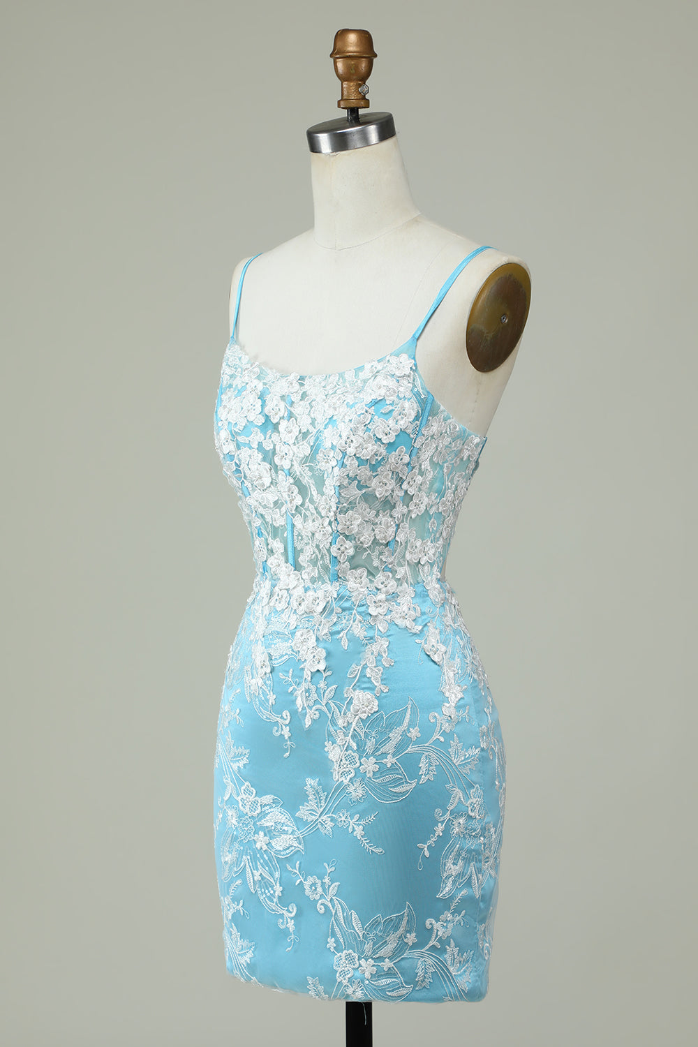 Sheath Spaghetti Straps Light Blue Short Cocktail Dress with Appliques