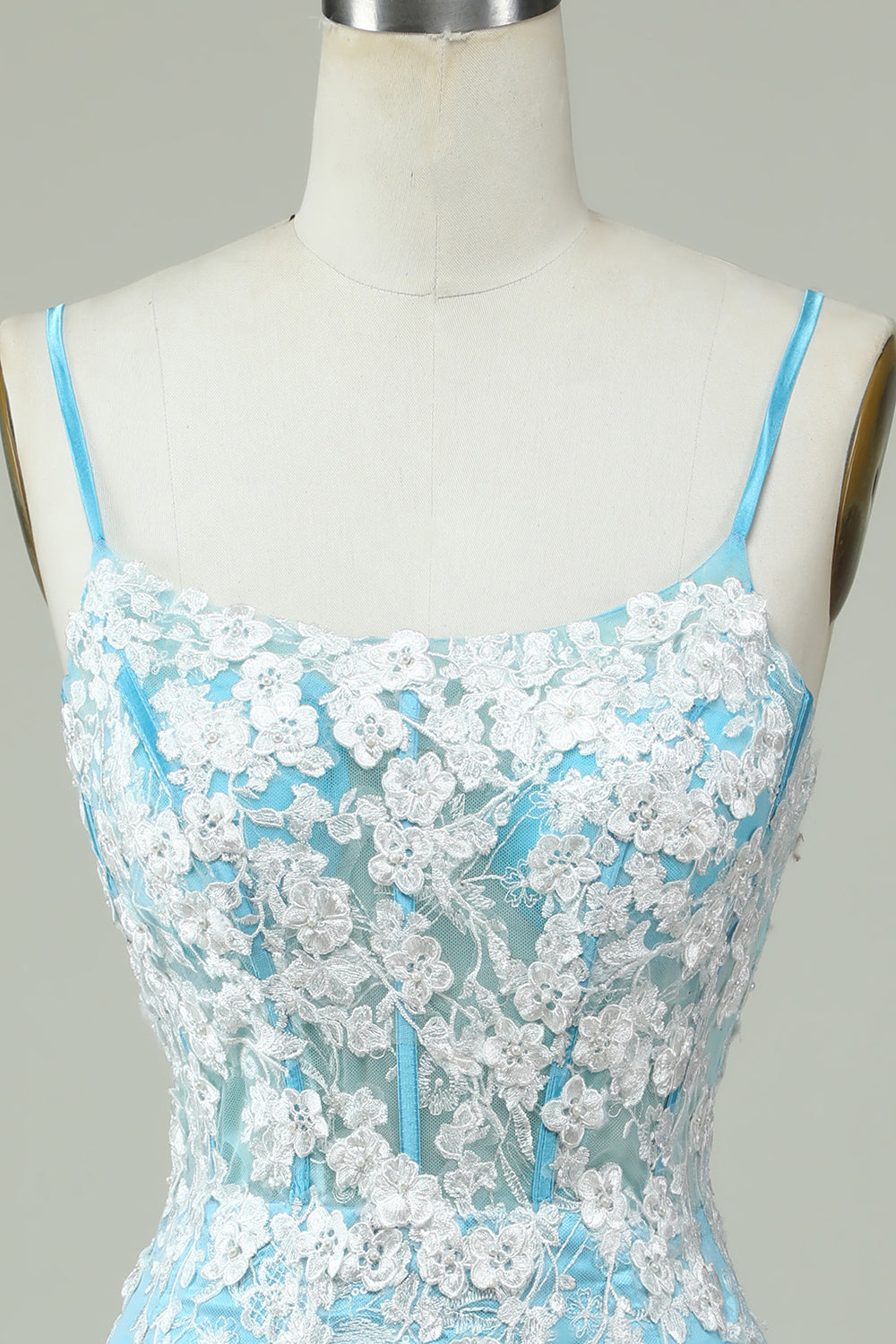 Sheath Spaghetti Straps Light Blue Short Cocktail Dress with Appliques