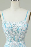 Sheath Spaghetti Straps Light Blue Short Cocktail Dress with Appliques