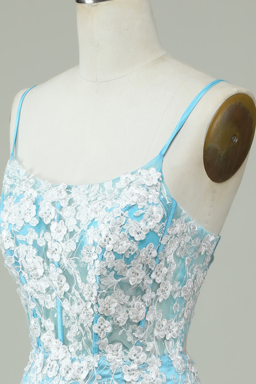 Sheath Spaghetti Straps Light Blue Short Cocktail Dress with Appliques