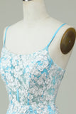 Sheath Spaghetti Straps Light Blue Short Cocktail Dress with Appliques