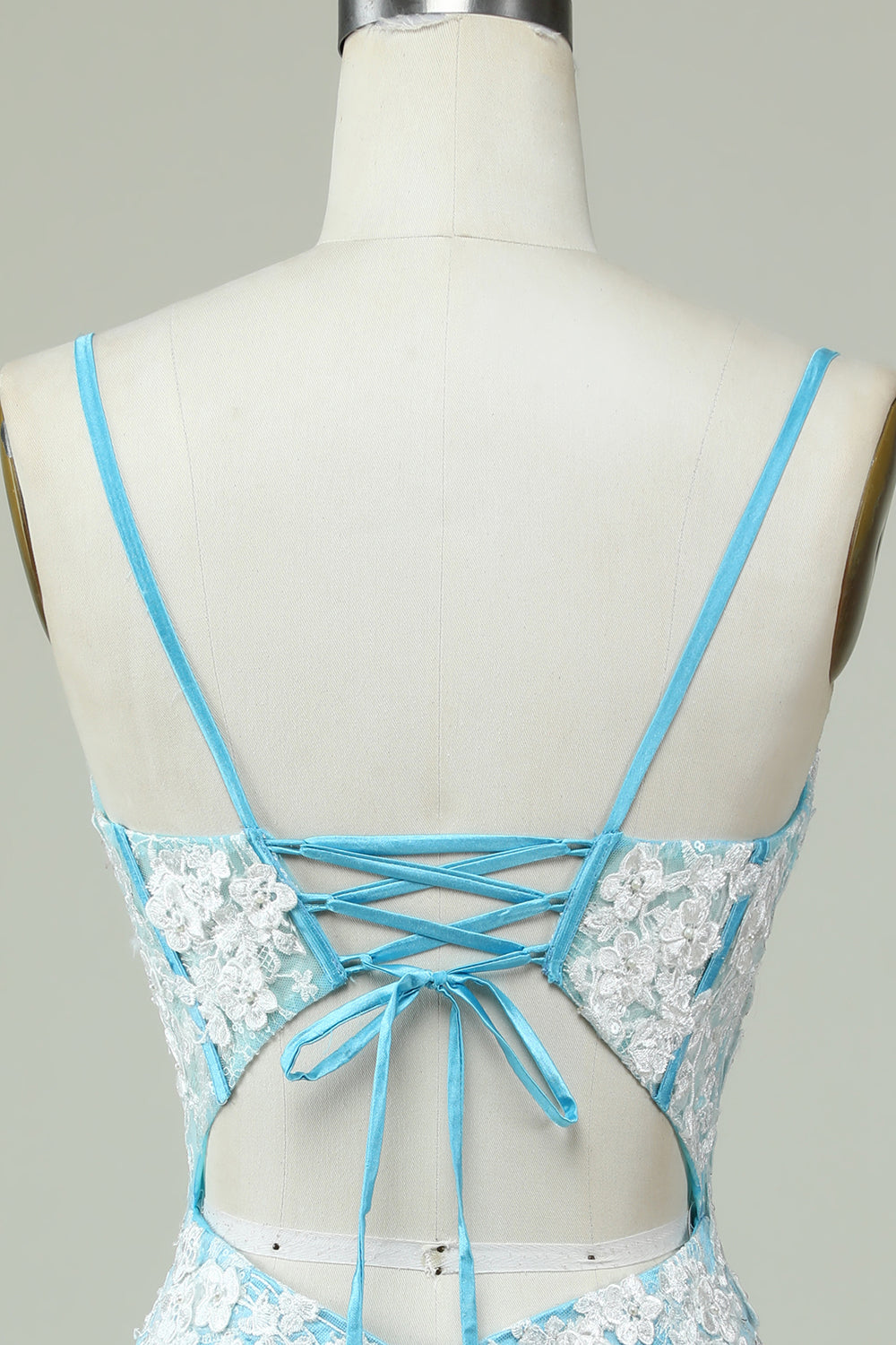 Sheath Spaghetti Straps Light Blue Short Cocktail Dress with Appliques