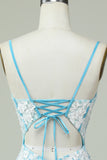 Sheath Spaghetti Straps Light Blue Short Cocktail Dress with Appliques