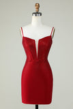 Sheath Spaghetti Straps Red Short Cocktail Dress with Beading