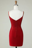 Sheath Spaghetti Straps Red Short Cocktail Dress with Beading