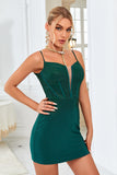 Bodycon Spaghetti Straps Dark Green Short Cocktail Dress with Beading