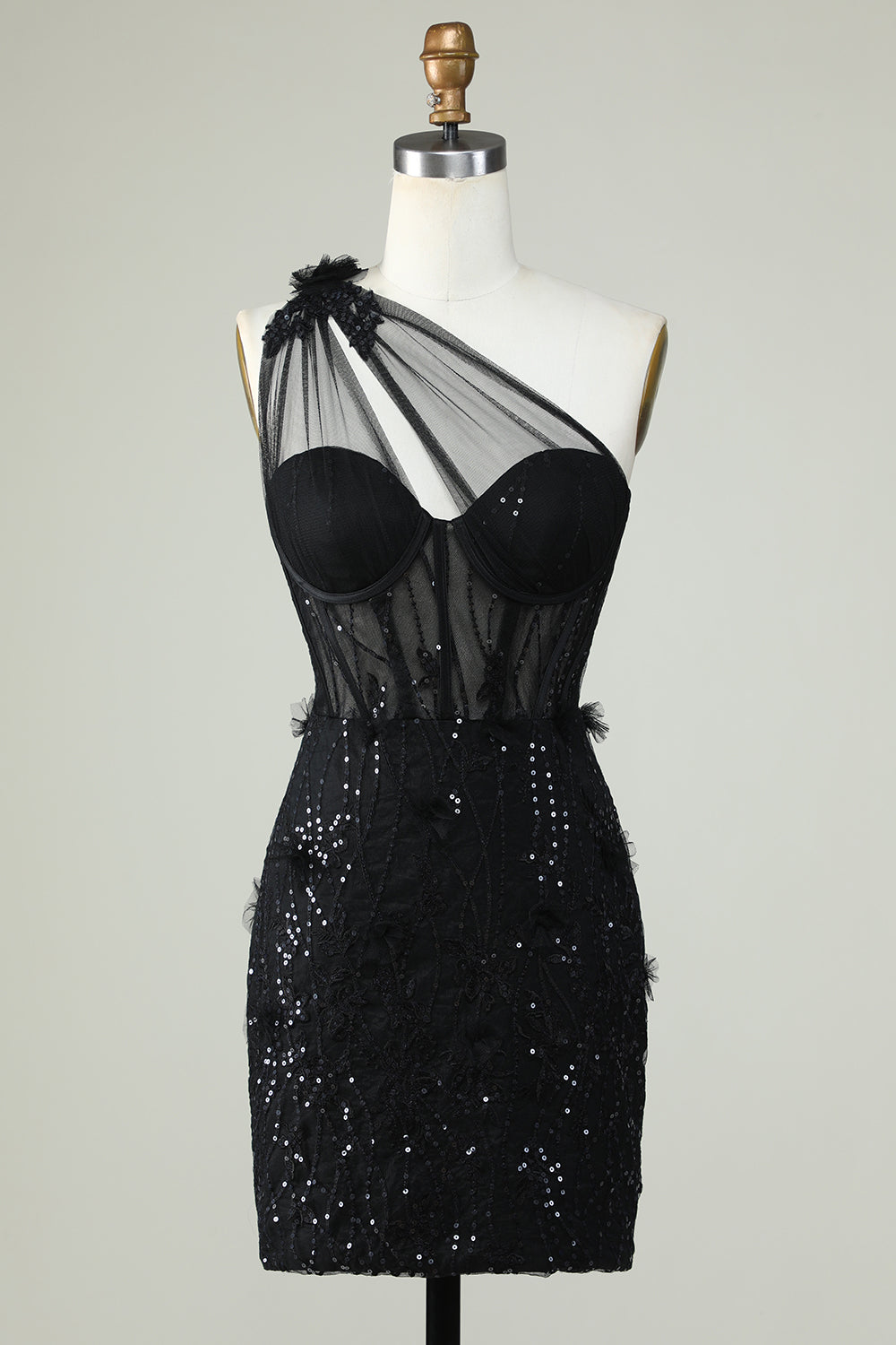 Bodycon One Shoulder Black Corset Cocktail Dress with Appliques