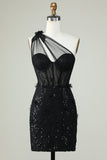 Bodycon One Shoulder Black Corset Cocktail Dress with Appliques