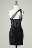 Bodycon One Shoulder Black Corset Cocktail Dress with Appliques