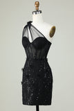 Bodycon One Shoulder Black Corset Cocktail Dress with Appliques