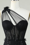 Bodycon One Shoulder Black Corset Cocktail Dress with Appliques