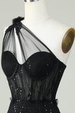 Bodycon One Shoulder Black Corset Cocktail Dress with Appliques