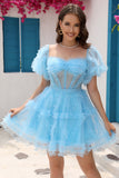 Blue A Line Off The Shoulder Corset Tulle Short Ball Dress