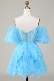 Cute A line Blush Tulle Off The Shoulder Short Cocktail Dress
