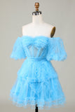 Cute A line Blush Tulle Off The Shoulder Short Cocktail Dress