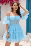 Blue A Line Off The Shoulder Corset Tulle Short Ball Dress