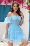 Blue A Line Off The Shoulder Corset Tulle Short Ball Dress