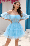 Blue A Line Off The Shoulder Corset Tulle Short Ball Dress