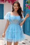 Blue A Line Off The Shoulder Corset Tulle Short Ball Dress