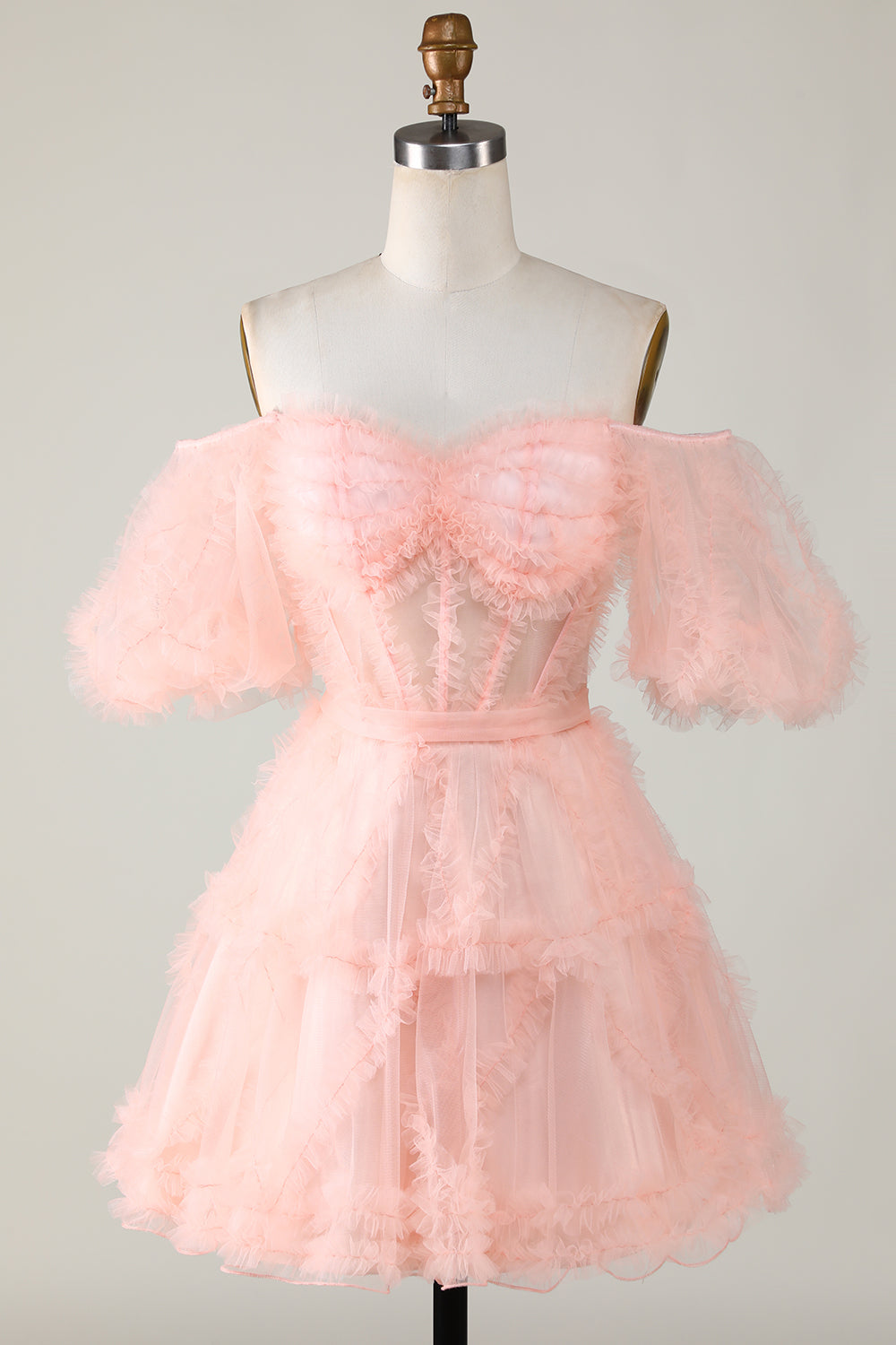 Cute A line Blush Tulle Off The Shoulder Short Cocktail Dress