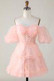 Cute A line Blush Tulle Off The Shoulder Short Cocktail Dress