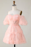 Cute A line Blush Tulle Off The Shoulder Short Cocktail Dress