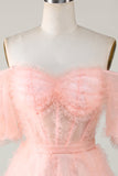Cute A line Blush Tulle Off The Shoulder Short Cocktail Dress