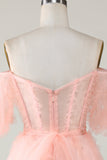 Cute A line Blush Tulle Off The Shoulder Short Cocktail Dress