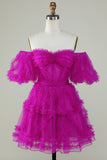 Stylish A Line Off the Shoulder Fuchsia Tulle CorsetCocktail Dress