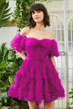 Stylish A Line Off the Shoulder Fuchsia Corset Cocktail Dress with Sleeves