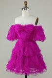Stylish A Line Off the Shoulder Fuchsia Tulle CorsetCocktail Dress
