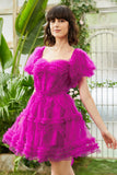 Stylish A Line Off the Shoulder Fuchsia Corset Cocktail Dress with Sleeves