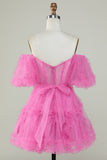 Stylish A Line Off the Shoulder Fuchsia Tulle CorsetCocktail Dress